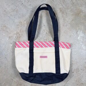 Vineyard Vines Canvas Tote Bag Pink Stripe Navy Blue Trim Beach Travel
